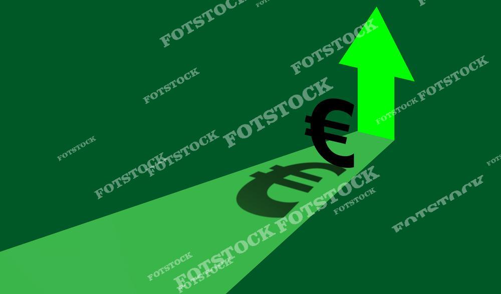 На изображении чёрный символ евро (€), отбрасывающий тень в виде восходящей зелёной стрелки. Композиция выполнена на тёмно-зелёном фоне и символизирует укрепление валюты, экономический подъём и позитивные тенденции в финансовой сфере. Подходит для тем, связанных с Европой, инвестициями и макроэкономикой.